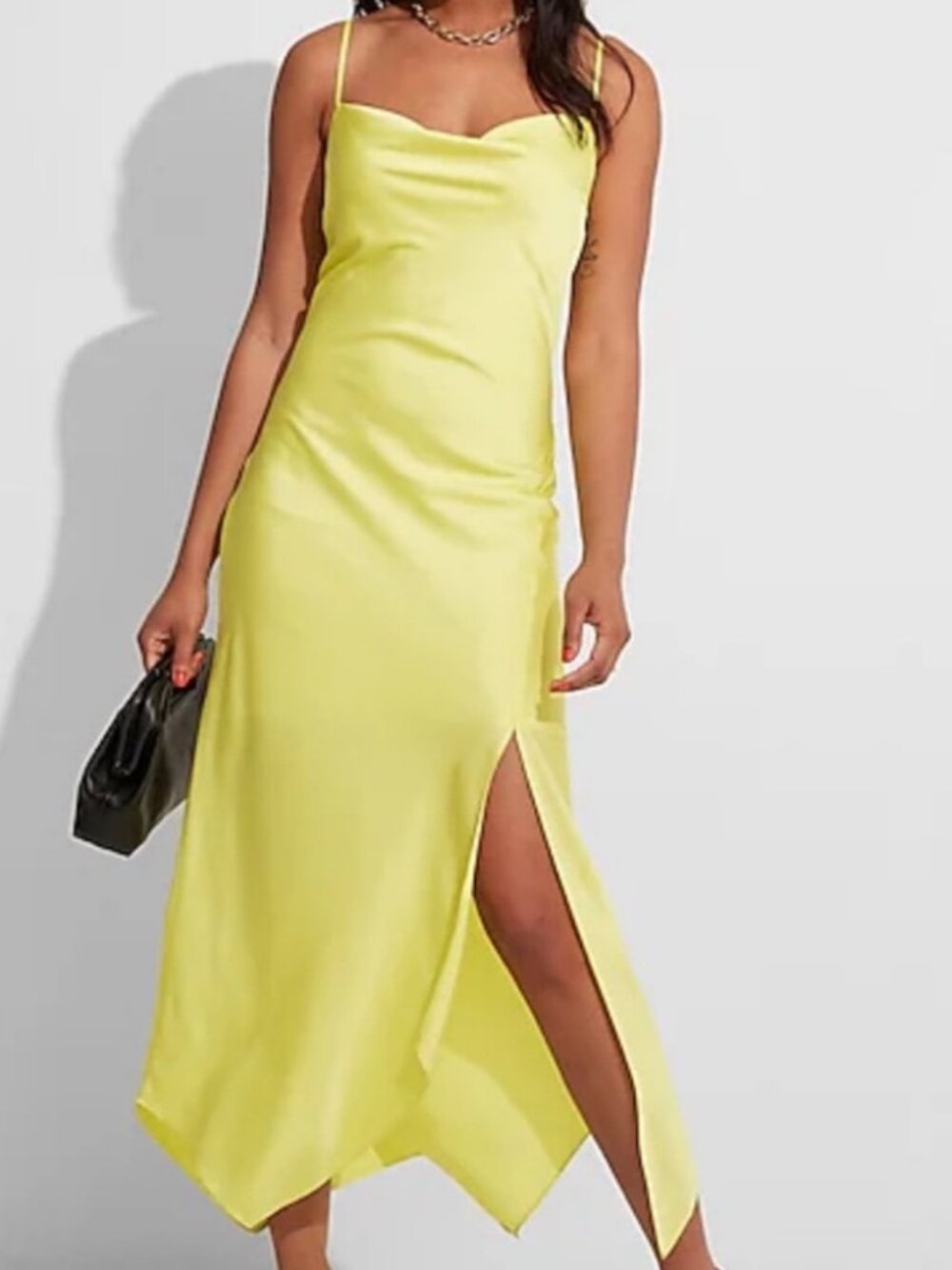 Express Satin Cowl Neck Asymmetrical Hem Maxi Dress | Yellow | S | Good